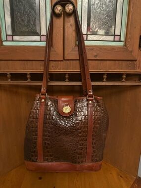 Brown Croc-Texture Leather Tote Bag with Gold Hardware